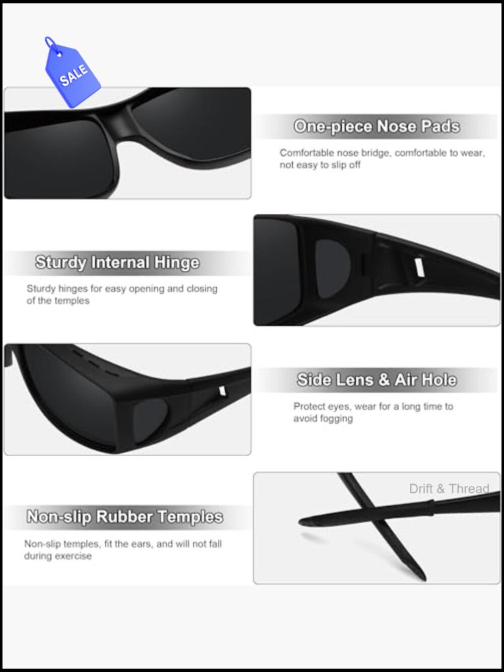 Fit Over Glasses Sunglasses Polarized UV400 Wrap Around Unisex - Picture 3 of 7